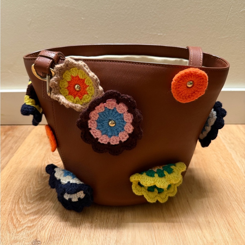 J.W. Anderson Crochet Appliqué Bucket Bag in Brown